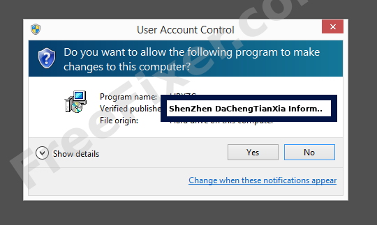 Screenshot where ShenZhen DaChengTianXia Information Technology Co., Ltd. appears as the verified publisher in the UAC dialog